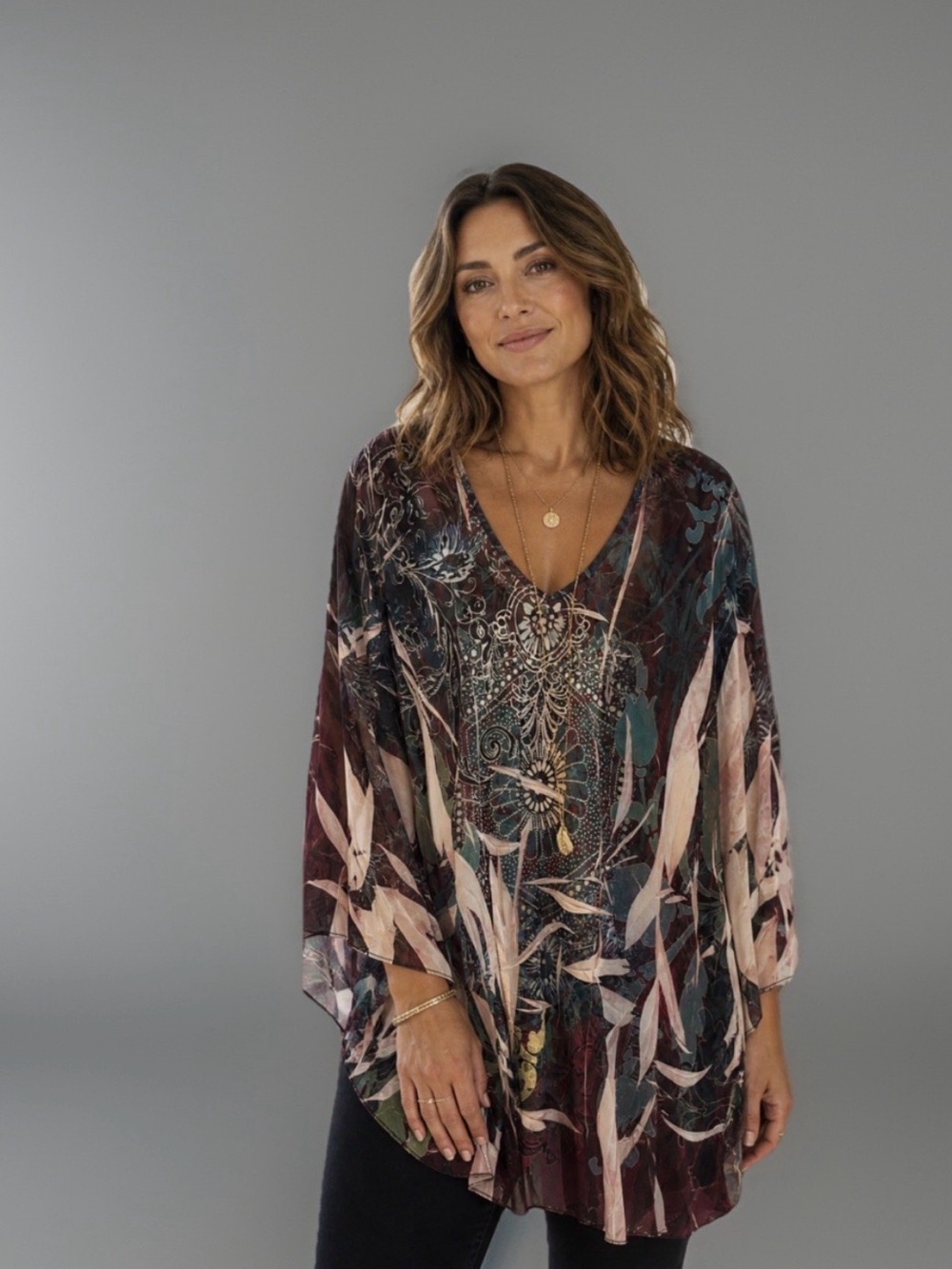 Plus Size 3X Boho Tunic Sheer Chiffon Blouse Flowy Resort Top Ornate Print USA